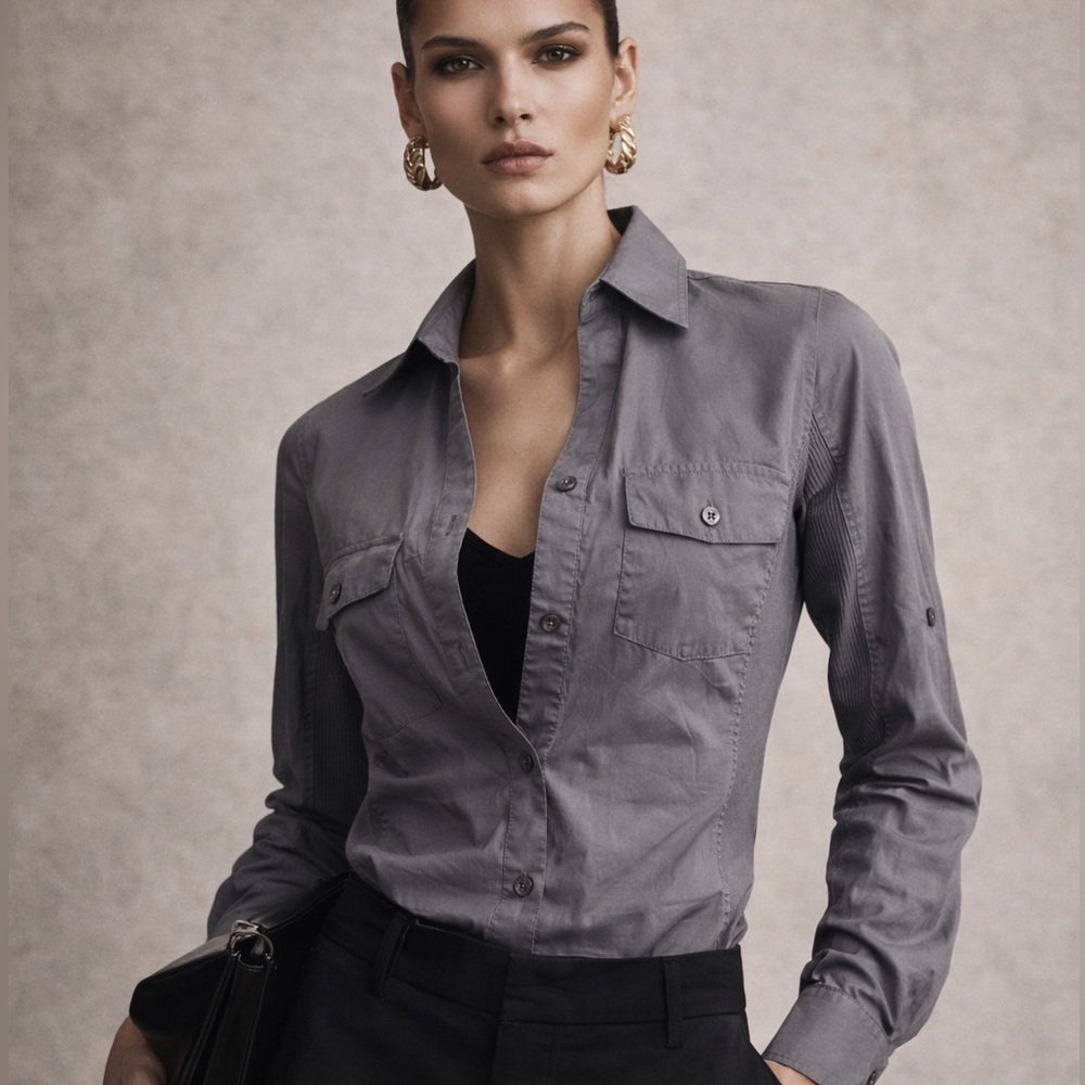 CHRLDR Tracy Poplin Stretch Side Rib Button Up